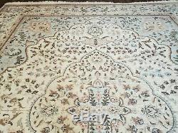 10' X 13' Vintage Hand Made Indian Amritsar Wool Rug Oatmeal Soft Blue