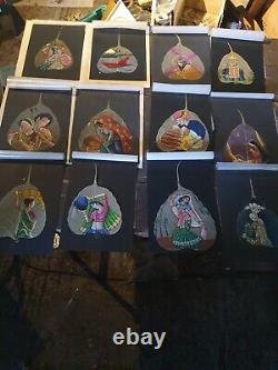 12 X Vintage Indian Pipal Hand Painted Leaves