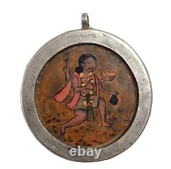 18'C Old Vintage Antique Hindu God Bhairav Painting Fine Silver Metal Pendant