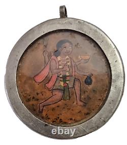 18'C Old Vintage Antique Hindu God Bhairav Painting Fine Silver Metal Pendant