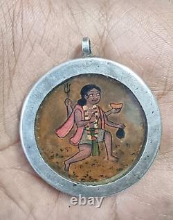 18'C Old Vintage Antique Hindu God Bhairav Painting Fine Silver Metal Pendant