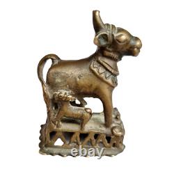 1800s Old Antique Vintage Brass Cow, Calf, Krishna & Shiv Ling Statue / Figure