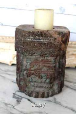 1850's Antique Handmade Mughal Carving Wooden Column Base Candle Holder Stand