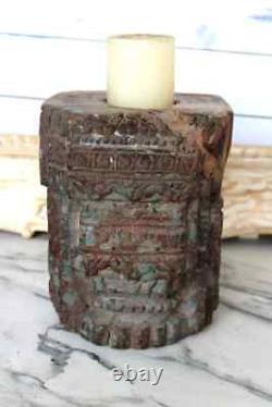 1850's Antique Handmade Mughal Carving Wooden Column Base Candle Holder Stand