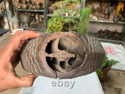 1850's Antique Indian Rare Handcrafted Wooden Floral Carving Seed Sowing Pot