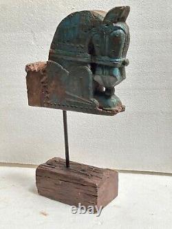 1930's RARE VINTAGE HAND-CARVED SOUTH INDIAN WOODEN HORSE HEAD STATUE WITH BASE