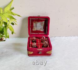 19c Vintage Handmade Brass Decorated 4 Perfume Bottle Box Velvet Wooden G348