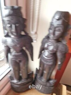 2 Beautiful Carved 16 Wooden Indian Figures Solid Heavy Vintage Rrp £229.99p