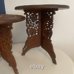 2 x Antique Indian Rosewood Folding Circular Side Tables / Plant Stands Ornate