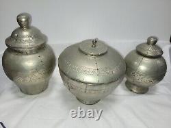 3 Vintage Indian Wooden Bowls With Metal Coverings