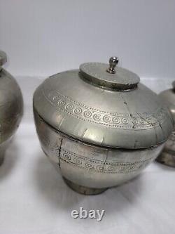 3 Vintage Indian Wooden Bowls With Metal Coverings