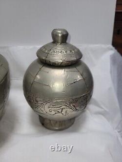 3 Vintage Indian Wooden Bowls With Metal Coverings