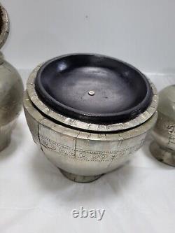 3 Vintage Indian Wooden Bowls With Metal Coverings