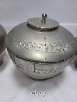 3 Vintage Indian Wooden Bowls With Metal Coverings