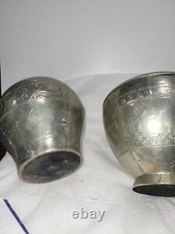 3 Vintage Indian Wooden Bowls With Metal Coverings