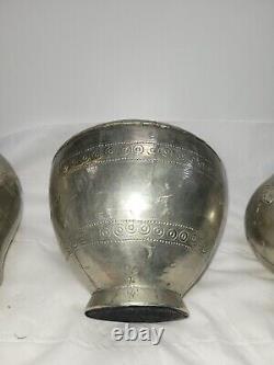 3 Vintage Indian Wooden Bowls With Metal Coverings