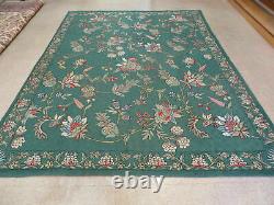7' X 10' Vintage Handmade Indian Embroidery Hand Stitched Green Rug Wool