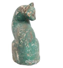 9 Inch Vintage Wooden Cat Statue Hand Carved Green Painted Cat Kitten Figurine
