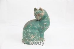 9 Inch Vintage Wooden Cat Statue Hand Carved Green Painted Cat Kitten Figurine