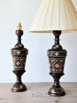 A Pair of Vintage Indian Hand Painted Wood Brass Hall Bed Side Table Lamps