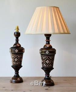 A Pair of Vintage Indian Hand Painted Wood Brass Hall Bed Side Table Lamps