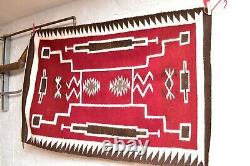 ANTIQUE Navajo Rug native american indian weaving VTG 45x30 LARGE STORM PAT RED