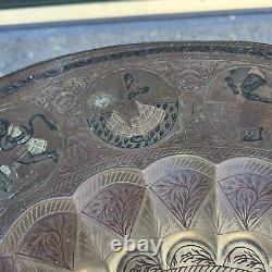 Anglo-Indian Antique Benares Tray Hammered Engraved Carved Stand Table Folding