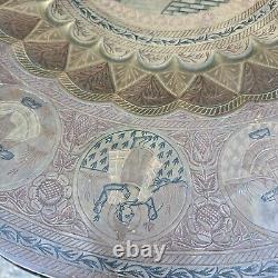 Anglo-Indian Antique Benares Tray Hammered Engraved Carved Stand Table Folding