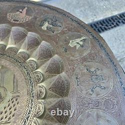 Anglo-Indian Antique Benares Tray Hammered Engraved Carved Stand Table Folding