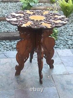 Antique Anglo Indian Carved Side Table, Folding Side Table
