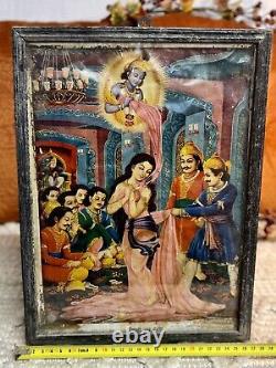 Antique Art Print Hindu Indian Draupadi Vastraharan Framed BG Sharma