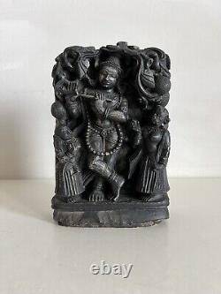 Antique Carved Black Stone Plaque Of Hindu Buddha, Krishna & Attendants Signed