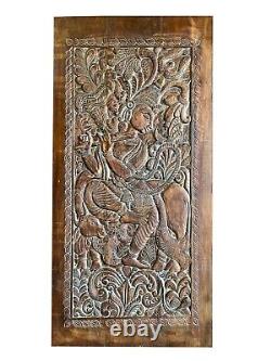 Antique Fluting Krishna with Cow Vintage Wood Indian Carved Door Wall Decor, 84