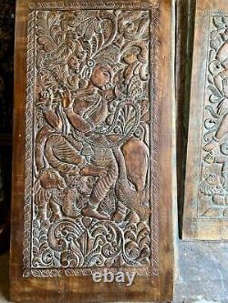 Antique Fluting Krishna with Cow Vintage Wood Indian Carved Door Wall Decor, 84