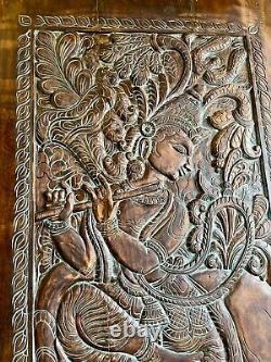 Antique Fluting Krishna with Cow Vintage Wood Indian Carved Door Wall Decor, 84