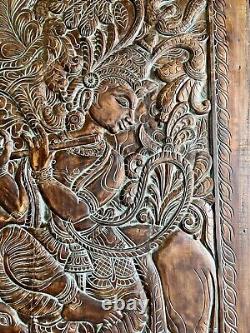 Antique Fluting Krishna with Cow Vintage Wood Indian Carved Door Wall Decor, 84