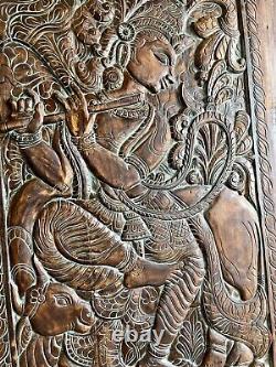 Antique Fluting Krishna with Cow Vintage Wood Indian Carved Door Wall Decor, 84