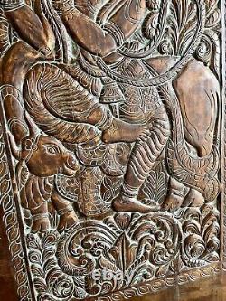 Antique Fluting Krishna with Cow Vintage Wood Indian Carved Door Wall Decor, 84