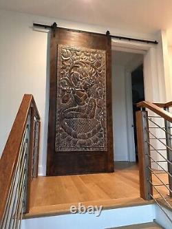 Antique Fluting Krishna with Cow Vintage Wood Indian Carved Door Wall Decor, 84