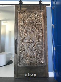 Antique Fluting Krishna with Cow Vintage Wood Indian Carved Door Wall Decor, 84