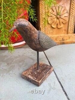 Antique Handcrafted Wooden Bird Pigeon Figurine With Embedded Brass Wings 10x8
