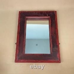 Antique Heavy Indian Mirror Wooden Frame Red Vintage Asian Rectangle Heavy Wood