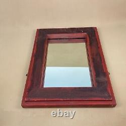 Antique Heavy Indian Mirror Wooden Frame Red Vintage Asian Rectangle Heavy Wood