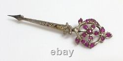 Antique Indian 18c Turban Ornament Red Ruby Gemstone Silver Vintage Brooch Pin
