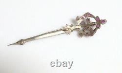 Antique Indian 18c Turban Ornament Red Ruby Gemstone Silver Vintage Brooch Pin