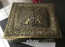 Antique Indian Brass Table Casket Writing Jewellery Box Zoomorphic Elephant Dome