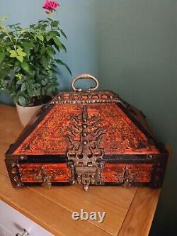Antique Indian Dowry Box Handmade Mural Painted Wood Brass Jewellery Trinket Box