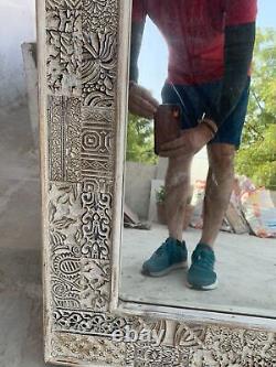 Antique Indian Handcrafted Wooden Fine Pattern Carved Big Wall Hanging Mirror
