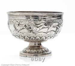 Antique Indian Raj Period Lucknow Silver Repousse Hunting Scenes Pedestal Bowl