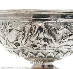 Antique Indian Raj Period Lucknow Silver Repousse Hunting Scenes Pedestal Bowl
